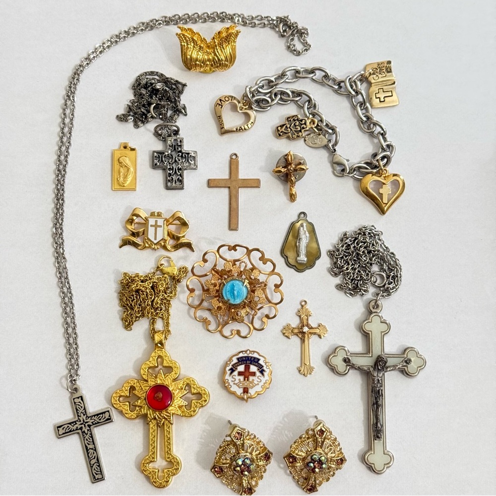 Vintage Religious Jewelry Lot Some Gold Filled Cross Necklace Pendant Pins